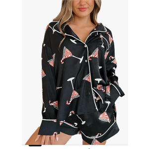 Women Christmas Pajamas Shorts Santa Claus Pjs Pants 1 Piece Xmas Jammies Loungewear, S, Black