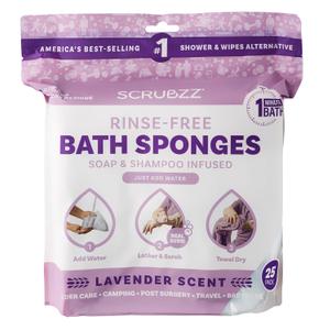 Scrubzz Disposable No Rinse Bathing Wipes - 25 Pack - All-in-1 Single Use Shower Wipes, Simply Dampen, Lather, and Dry Without Shampoo or Rinsing (Lavender, 1-Pack)
