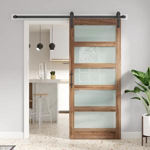 FREDBECK 36 x 84 inch Glass Barn Door with 6.6FT Barn Door Hardware Kit & Handle Included,5-Panel Frosted Glass, Water-Proof Surface,Pre-Drilled Holes,Need Assembly