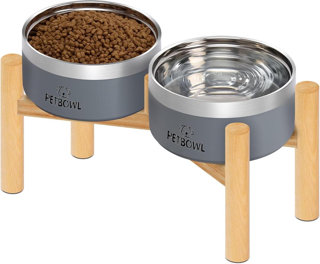 UPSKY Elevated Dog Bowls  27oz Stainless Steel Anti-Spill Set with Wooden Stand, Double Raised Bowls for Small/Medium Dogs to Reduce Neck Strain & Improve Digestion (Grey)