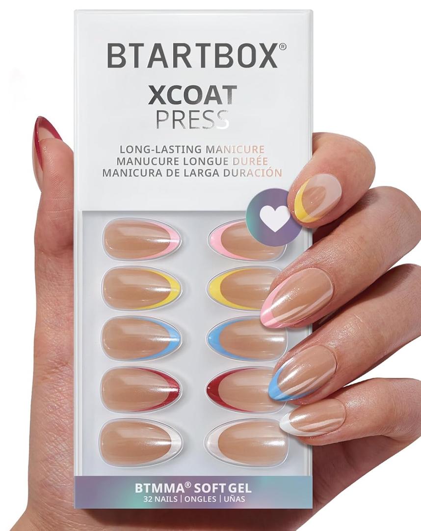 BTArtbox Press On Nails Short - Lamp-Curable Summer Colorful French Tip Almond Press On Nails with Glue for Women, Semi-Transparent Soft Gel Glue On Nails in 16 Sizes - 32 Stick On Nails Kit, Cha-Cha BTArtbox Press On Nails Short - Lamp-Curable Summer Colorful French Tip Almond Press On Nails with Glue for Women, Semi-Transparent Soft Gel Glue On Nails in 16 Sizes - 32 Stick On Nails Kit, Cha-Cha