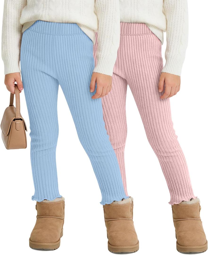 2 Pack Girl's Ribbed Knit Leggings Cotton Blend Tights Ruffle Bottoms Trousers Fall Winter Clothes 12M-9Y (Blue, Light Pink)