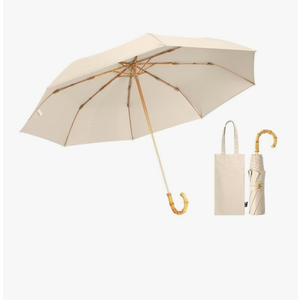 Portable Bamboo Handle Umbrella with Curved Hook - Lightweight Sunshade for Women, Rain and Sun Protection