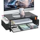 AUPSEN Wood Computer Monitor Stand Riser, 2-Tier Black Desk Organizer with Drawer, Pen Storage & Phone Holder ，Office Desk Accessories Desktop Organizer for Office Supplies