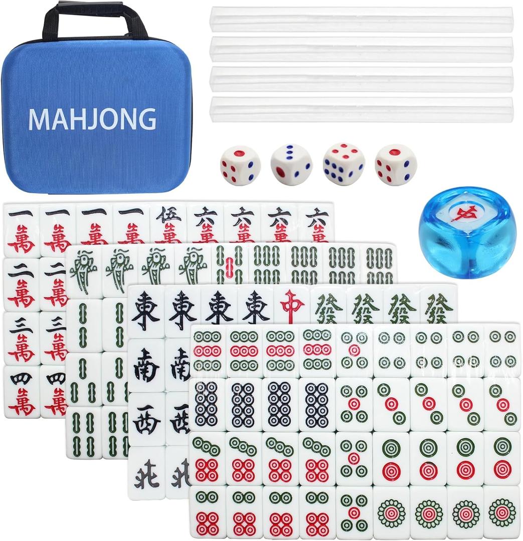 Mini Mahjong Set,American Mahjong Game Set,Complete Mahjong Tile Set with 144 White Tiles (0.9’’),4 Tile rulers,4 dice,1 Bag,1 Instruction Manuals,Perfect Mahjong Game Gift for Enthusiasts