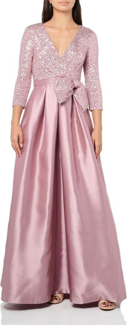 Eliza J Women's 3/4 Sleeve Sequined Satin Gown with Bow Detail (Mauve) Size 4