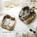 Popvibe Open Flat Makeup Bag Travel Cosmetic Case for Women, Large Capacity Toiletry Travel Bag with Zipper, Portable Aesthetic Floral Make Up Organizer Pouch for Toiletries, Makeup Brush Camel Medium (Biscuit)