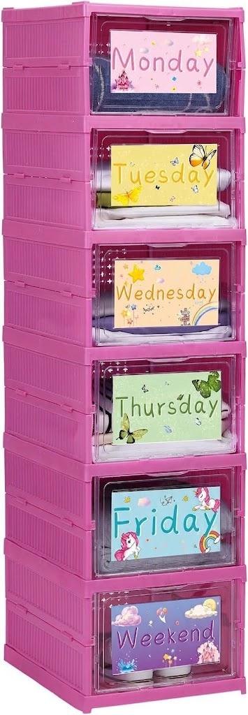 Wonderjune 1 Pcs 6 Shelf Daily Weekly Clothes Organizer for Kids,Elegant
Foldable, Days of The Week Clothes Organizer with Labels, Monday Through Weekend Essential, Plastic Shoe Storage Box