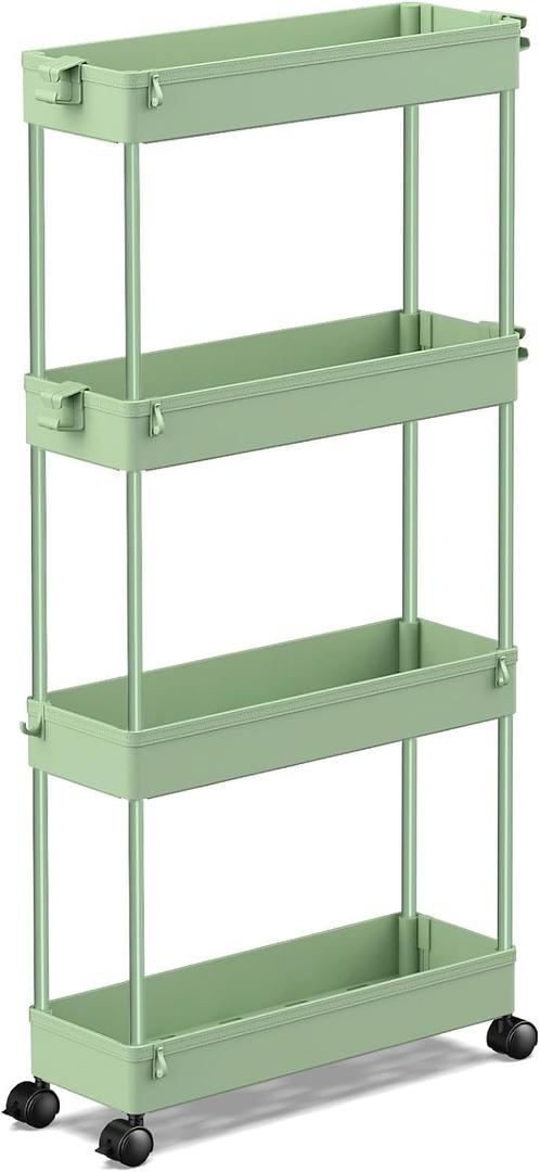 SPACEKEEPER Slim Rolling Storage Cart 4 Tier Bathroom Organizer Utility Cart Mobile Shelving Unit Tower Rack for Kitchen, Laundry Room, Bathroom, Narrow Places, Green, 4.9 inches x 15.3 inches x 38.7 inches