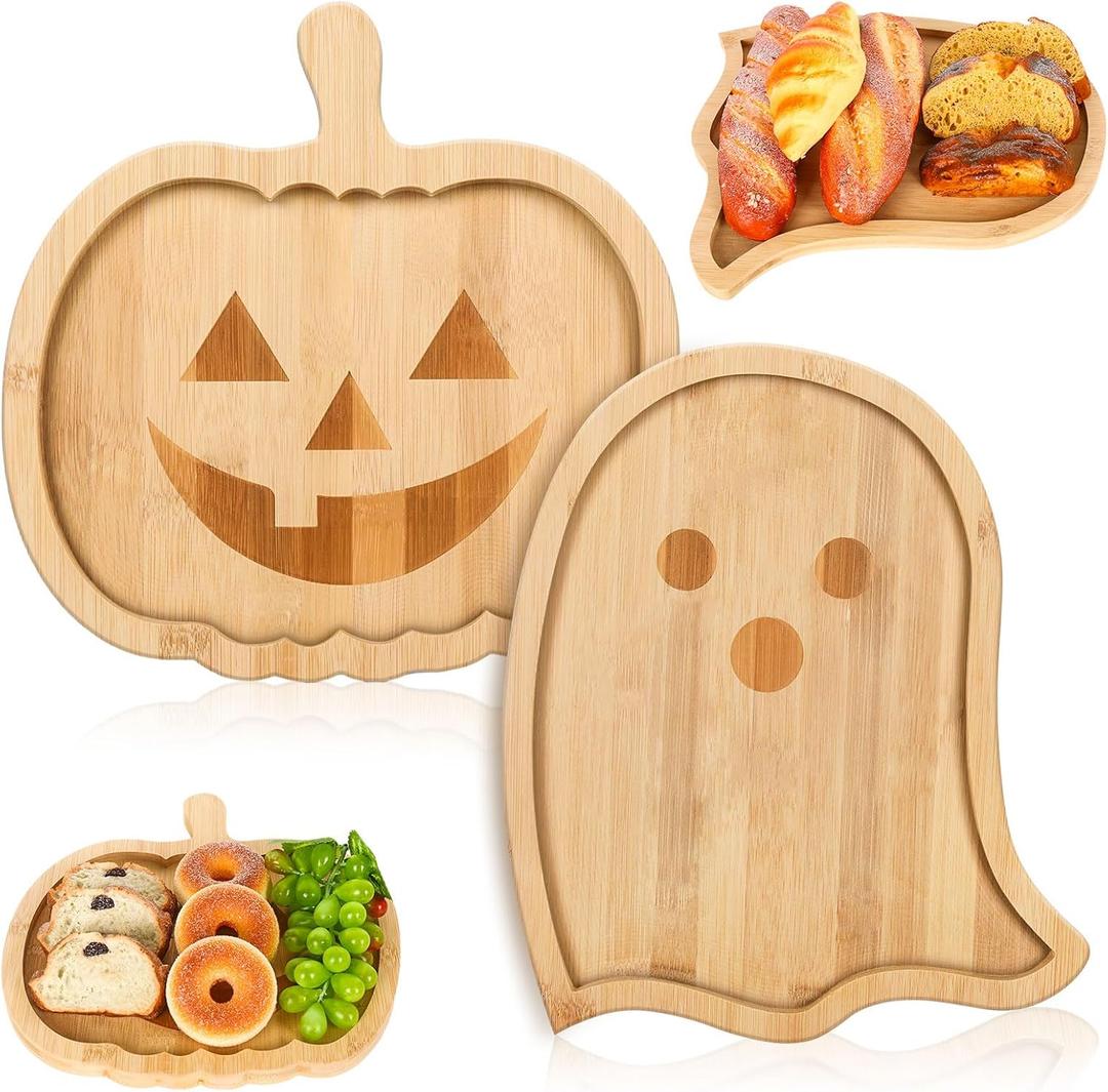 Whaline 2Pcs Halloween Charcuterie Board Pumpkin Ghost Serving Trays Bamboo Cheese Platter Tray Appetizer Boards Party Serving Platters for Home Party Dinnerware Supplies