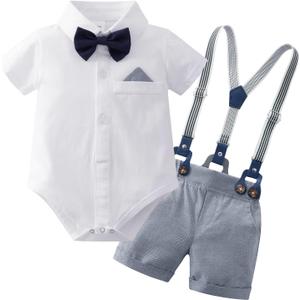 YUEMION Infant Baby Boy Clothes Gentleman Outfits Suits Summer Short Sleeve Bowtie Bodysuit Shirts + Suspender Shorts (3-6 Months)
