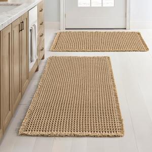 MIULEE Set of 2 Waffle Bathroom Rugs, Boho Bath Rugs Non Slip Washable, Super Absorbent Bath Mats, Ultra Soft Rubber Backed Shower Mats for Bathroom Floor, Tub and Shower, Brown, 18x30 Inch 19×48 Inch