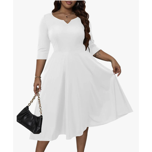 Runwind Plus Size Dresses Women Fit and Flare A-Line Swing Dress 3/4 Sleeve Midi Church Wedding Guest Cocktail Party Dresses 3XL