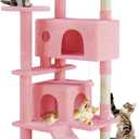 DUMOS 54-inch Indoor Cat Tree Tower Multi-Level Pet House for Large Cats with 2 Condos, Scratching Posts, Round Platform, Small Ladder, and Toys, Pink