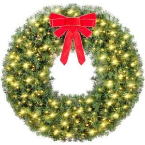 Yaheetech 48in Large Artificial Christmas Wreath, Pre-lit Holiday Accent Decoration with Red Bow, 200 LED Lights & 720 PVC Tips, Metal Structure for Door Wall & Mantel
