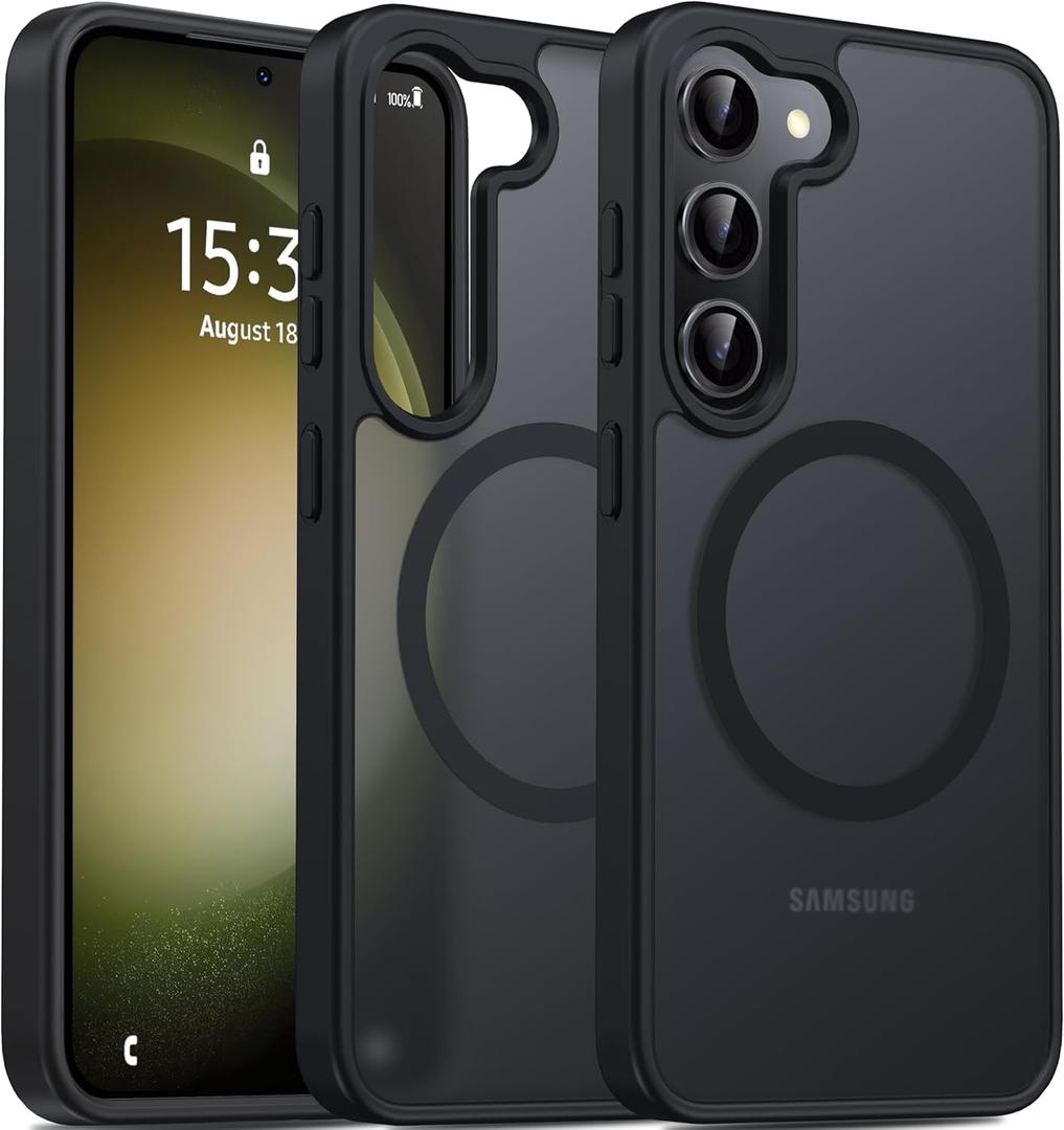 Oterkin Magnetic for Samsung Galaxy S23 Case Matte, S23 Phone Case Compatible with MagSafe Frosted Translucent Shockproof Anti-Scratch Slim Fit Case Military Grade Protection (Black)