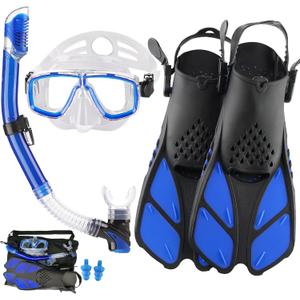 Mask Fin Snorkel Set for Adults Snorkeling Gear with Fins, Snorkel Goggles Anti-Fog Anti-Leak Diving Mask Dry Top Snorkel Adjustable Dive Flippers Kit with Gear Bag for Swimming Scuba Diving (Blue, ML/XL - 9-13)
