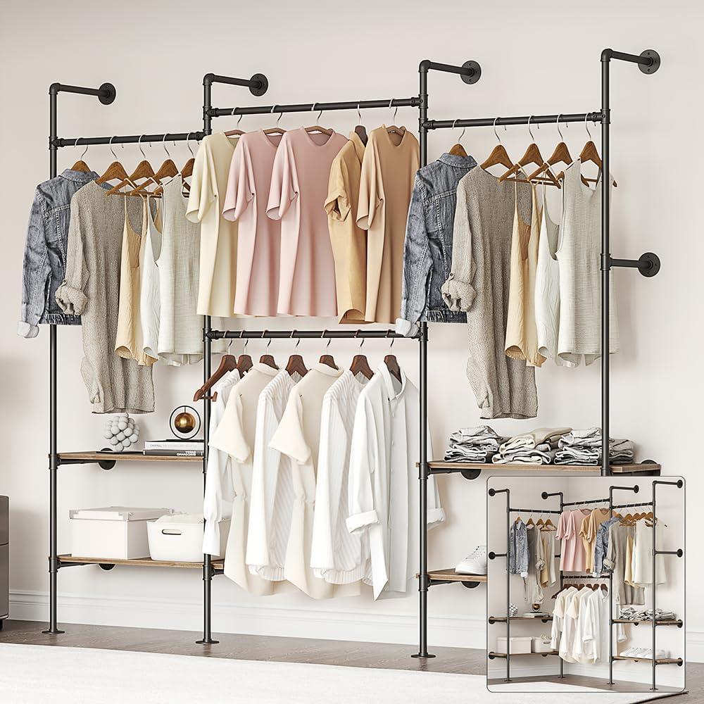Industrial Pipe Clothing Rack, Wall Mounted Clothes Rack for Hanging Clothes, Retail Display Rack with Shelves, Add Corner installation Method (Black, III-2Tier)