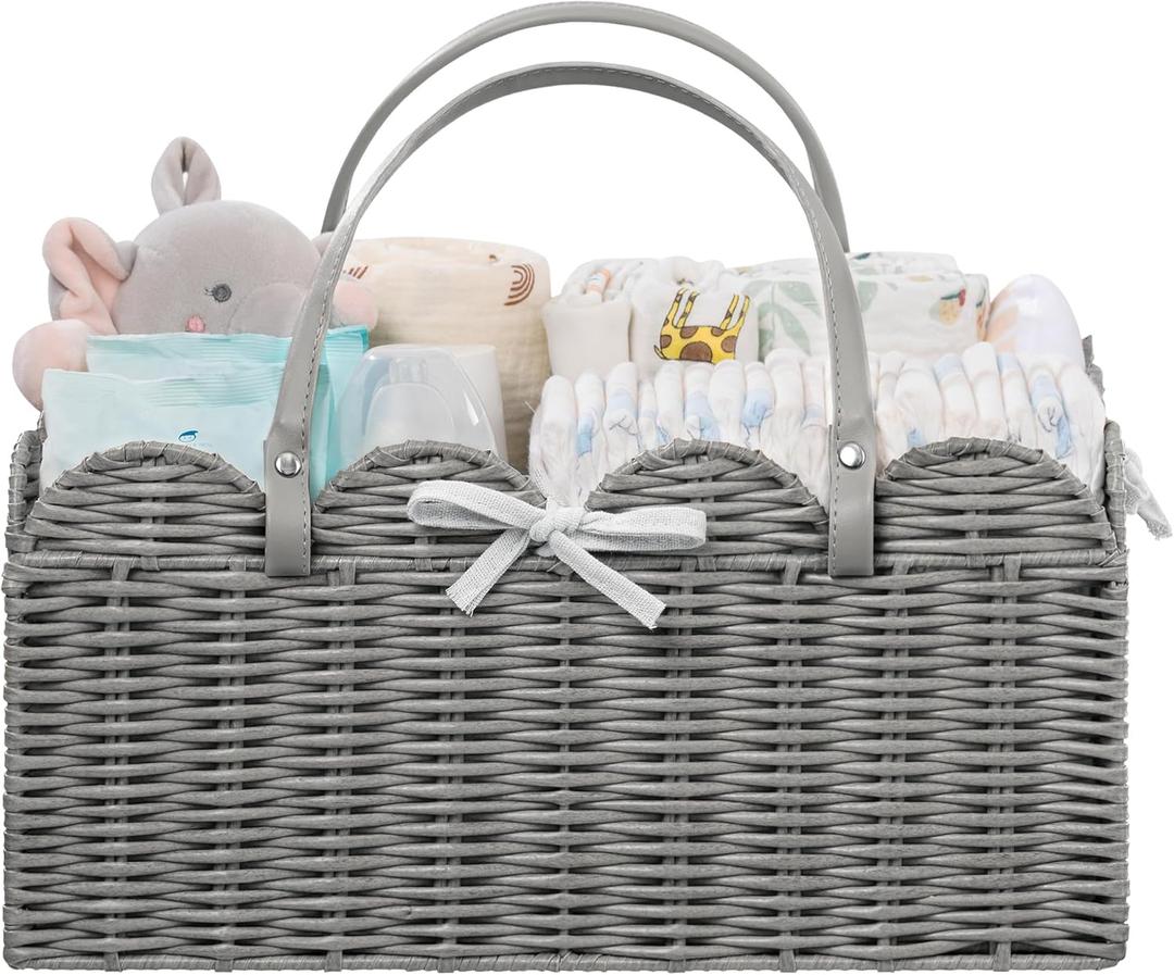 HBlife Baby Diaper Caddy Organizer, Large Portable Scalloped Plastic Wicker Woven Basket with Divider, Nursery Diaper Station, Baby Shower Gifts Basket, Car Organizer, Washable Waterproof