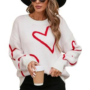 Women's Oversized Cute Heart Print Sweaters Fashion Long Sleeve Sweaters Crewneck Loose Pullover Knitted Tops (Medium, White)