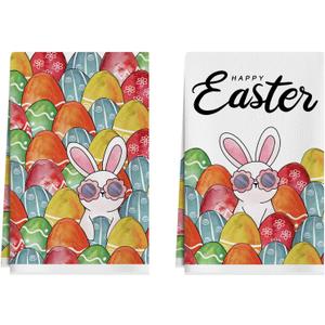 XCHI Happy Easter Watercolor Eggs Sunglasses Bunny Rabbits Easter Kitchen Towels Dish Towels 18x26 Inch Home Kitchen Decorations Hand Towels Set of 2 Drying Dishcloth