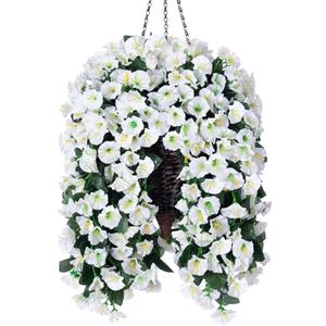 Artificial Faux Hanging White Flowers Plants Basket for Outdoor Outside, Fake UV Resistant Realistic White Morning Glory Flowers for Porch Home Balcony Yard Patio Decoration