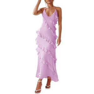 Wenrine Womens Sexy Chiffon Halter Maxi Dress Sleeveless Backless Ruffle Tassel Party Club Dresses, L