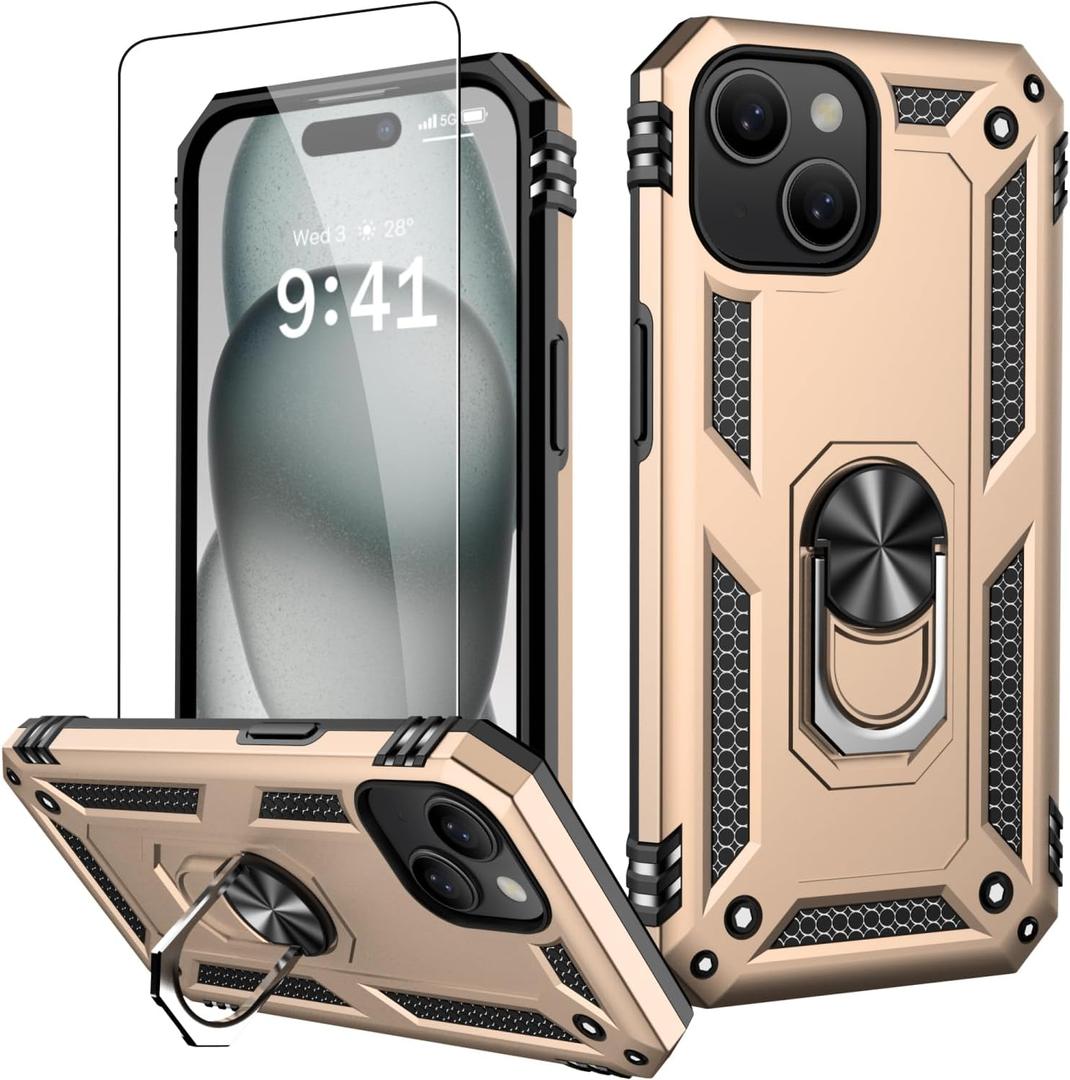 IKAZZ for iPhone 14 Plus Case 6.7 Inch with Screen Protector,Military Grade Shockproof Heavy Duty Protective Phone Cover Pass 16ft Drop Test with Magnetic Kickstand Car Mount Holder,Gold