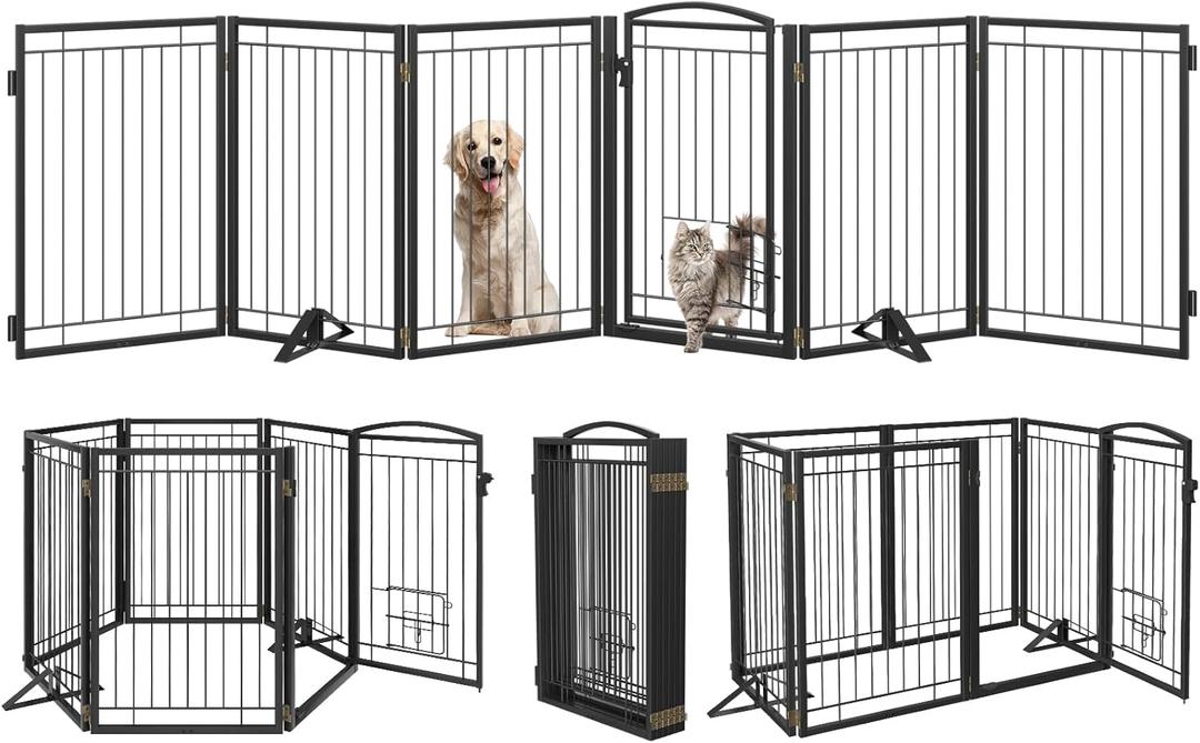 Metal Free Standing Dog Gate with Cat Door for Indoor/Outdoor,120" Extra Wide Foldable Pet Gate,32" Tall Foldable Indoor Dog Fence for Large Openings Stairs, Deck, Yard, Doorways (6 Panels, Black)