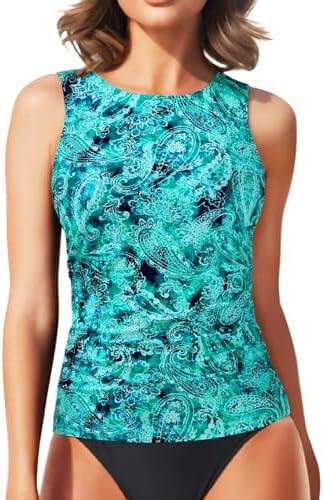 Daci Tankini Tops for Women High Neck Swim Top Tummy Control Bathing Suit Top Modest Swim Tank Top No Bottom, M