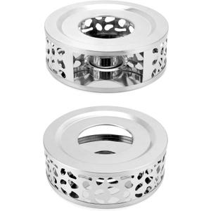 QWORK Tea Kettle Warmer, 2 Pack Brushed Stainless Steel Tea Kettle, Hollow Frame, with Tea Candle Holder, Fits Most Teapots, Silver
