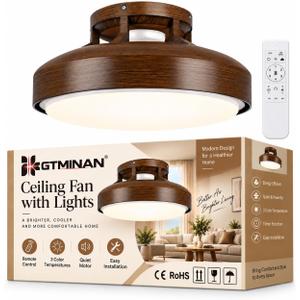 20" Bladeless Ceiling Fan with Light and Remote, LED Low Profile Flush Mount Ceiling Fan with 6 Speed Dimmable, 3000-6000K, Enclosed Modern Ceiling Fans for Bedroom Living Room, Large