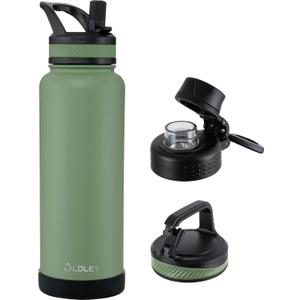 OLDLEY 40 oz Insulated Water Bottle With Straw, Stainless Steel Sports Water Cup Flask with 3 Lids(Straw, Spout and Handle Lid) Double Walled Travel Thermal Canteen Mug,Army Green