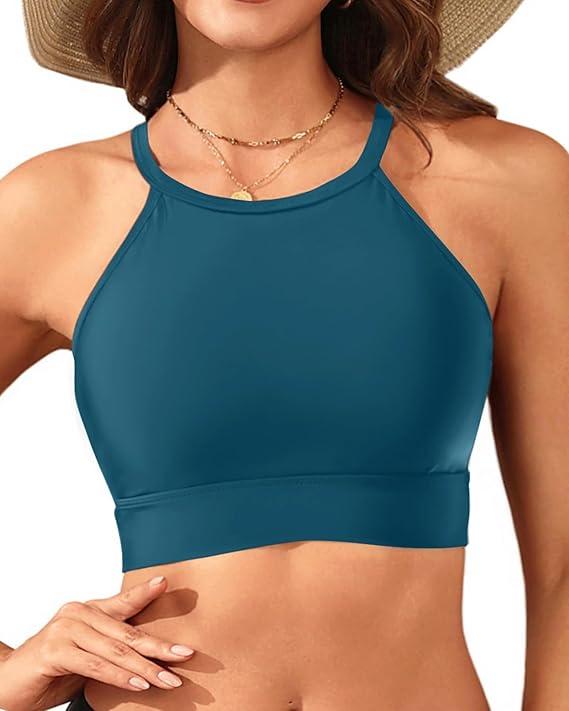 Women Swim Bikini Top - High Neck Modest Bathing Suit Top Swimwear (Medium)