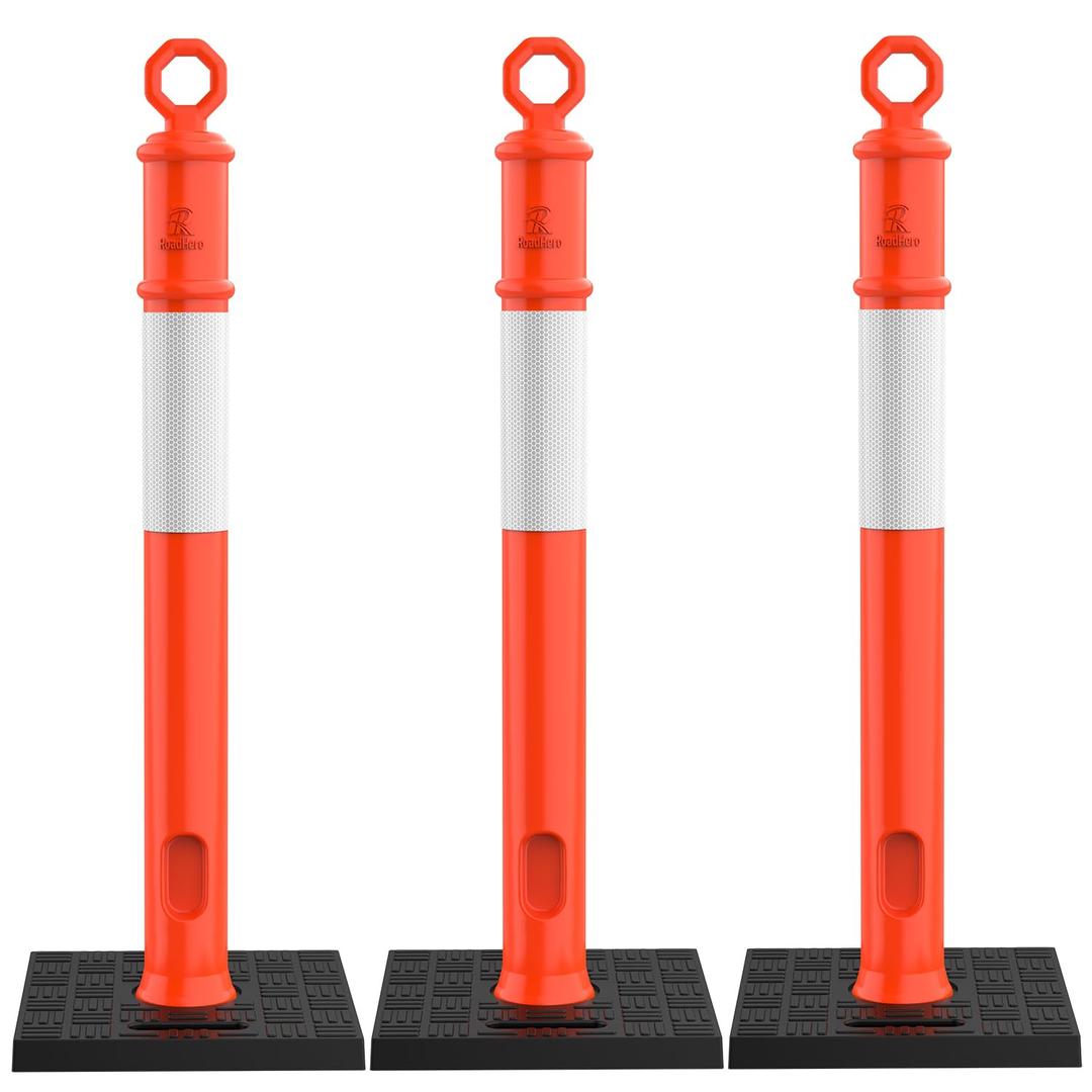 RoadHero 45 Inch Delineator Post with Base, Portable Orange Traffic Delineator Posts Cones with Reflective Collars for Parking Lots, Road Safety, Construction Events 3 Pack