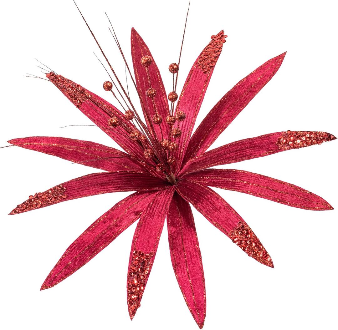 KI Store Oversized Christmas Poinsettia Flowers Deep Red 19-Inch Set of 3 Floral Picks for Christmas Tree Wreath Garland Decorations