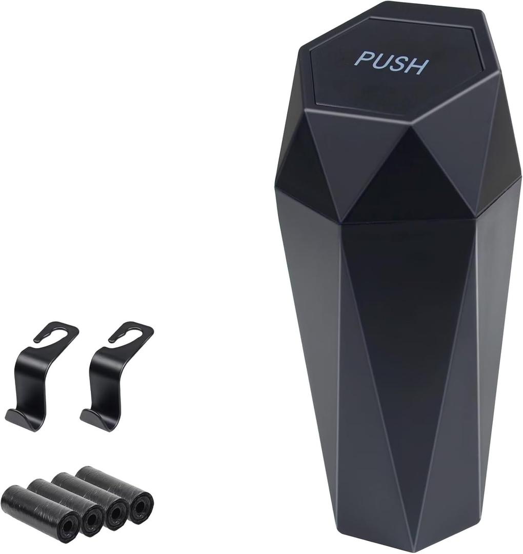 Car Trash Can, Car Trash Bin with Lid, Car Accessories for Women Interior, Car Garbage Can with Additional 2 ABS Hooks and 60pcs Trash Bags, Suitable for Home, Office, Car Organizer, Black