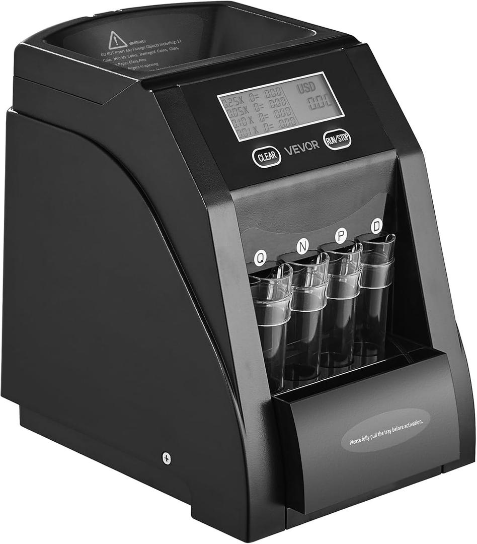 VEVOR USD Coin Sorter, Coin Counter Machine for 1 5 10 25 Coins, LCD Screen Display, Coin Sorter and Wrapper Machine with Thicker Coin Tubes and Tray, Holds up to 200 Coins (Black)