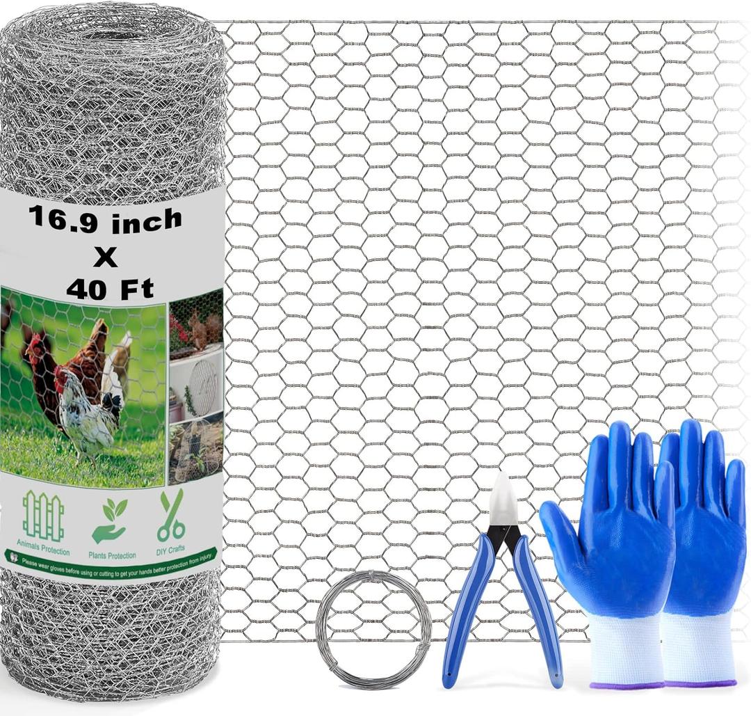 Chicken Wire Fencing Mesh, 16.9 Inch x 40 Feet Metal Floral Chicken Wire Fence for Crafts Poultry Garden, 0.6 Inch Hexagonal Galvanized Hardware Cloth Netting for Chicken Coop Barrier Rabbit Cage
