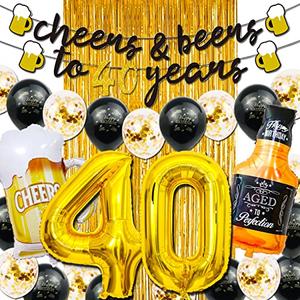 40th Birthday Decorations for Men, 40 Birthday Decorations with 40 Inch Gold 40 Number Balloons, Cheers to 40 Years Banner,Fringe Curtains and Cups Foil Balloons