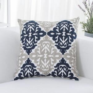 HWY 50 Navy Blue Decorative Throw Pillow Covers 18x18 Inch (1 Piece), Embroidered Cotton Farmhouse Cushion Cover Pillow Case for Sofa Couch Living Room Bed Bedroon, Floral Geometric (Navy Blue and Light Gray)