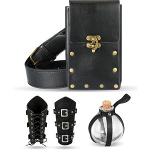 4 Pcs Renaissance Medieval Vintage Leather Belt Pouch Waist Bag Purse Faux Leather Arm Guards Bracers Cork Potion Bottle Set Halloween Costume Accessories for Cosplay Party DIY Craft(Black)
