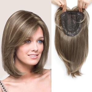 Fine Plus 12 Inch Layered Synthetic Hair Topper with Bangs for Women with Thinning Hair Ash Light Brown with Highlights