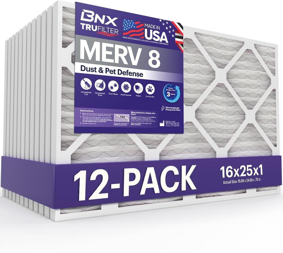 BNX TruFilter 16x25x1 Air Filter MERV 8 (12-Pack) - MADE IN USA Dust & Pet Defense Electrostatic Pleated Air Conditioner HVAC AC Furnace Filters for Dust, Pet, Mold, Pollen MPR 600 700 & FPR 5
