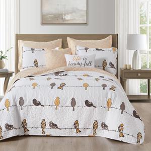 Lush Decor Rowley Birds Quilt Set, 7 Piece Set, King, Yellow & Gray - Reversible Bird Bedding Set With Pillow Cases & Throw Pillows - Colorful, Whimsical, & Playful Floral Bird Print