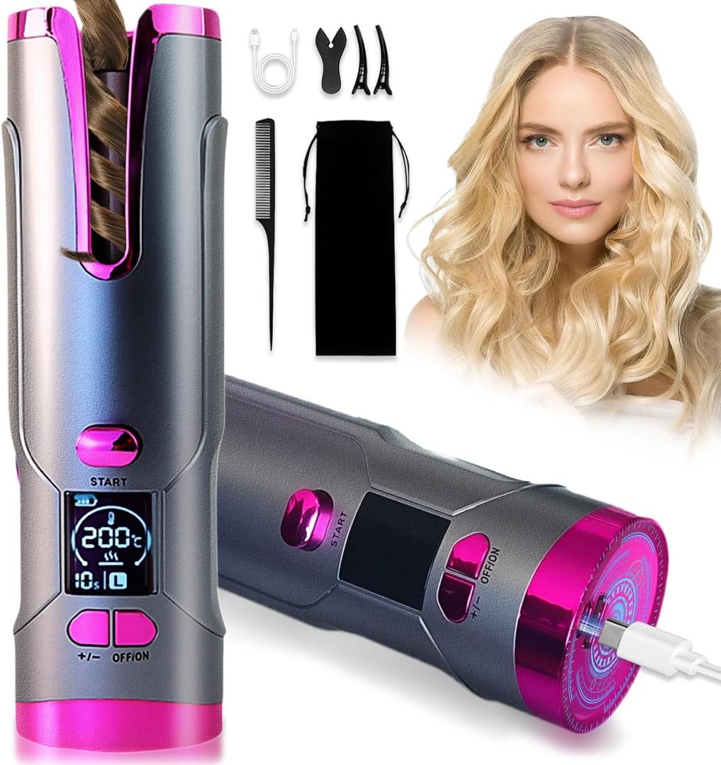 Automatic Curling Iron 3/4 inch Barrel, Cordless Automatic Curling Iron 5200mAh USB Rechargeable, Auto Hair Curler for Long Hair, Ceramic Travel Curling Wand, Auto Shut-Off & Anti-Tangle Design