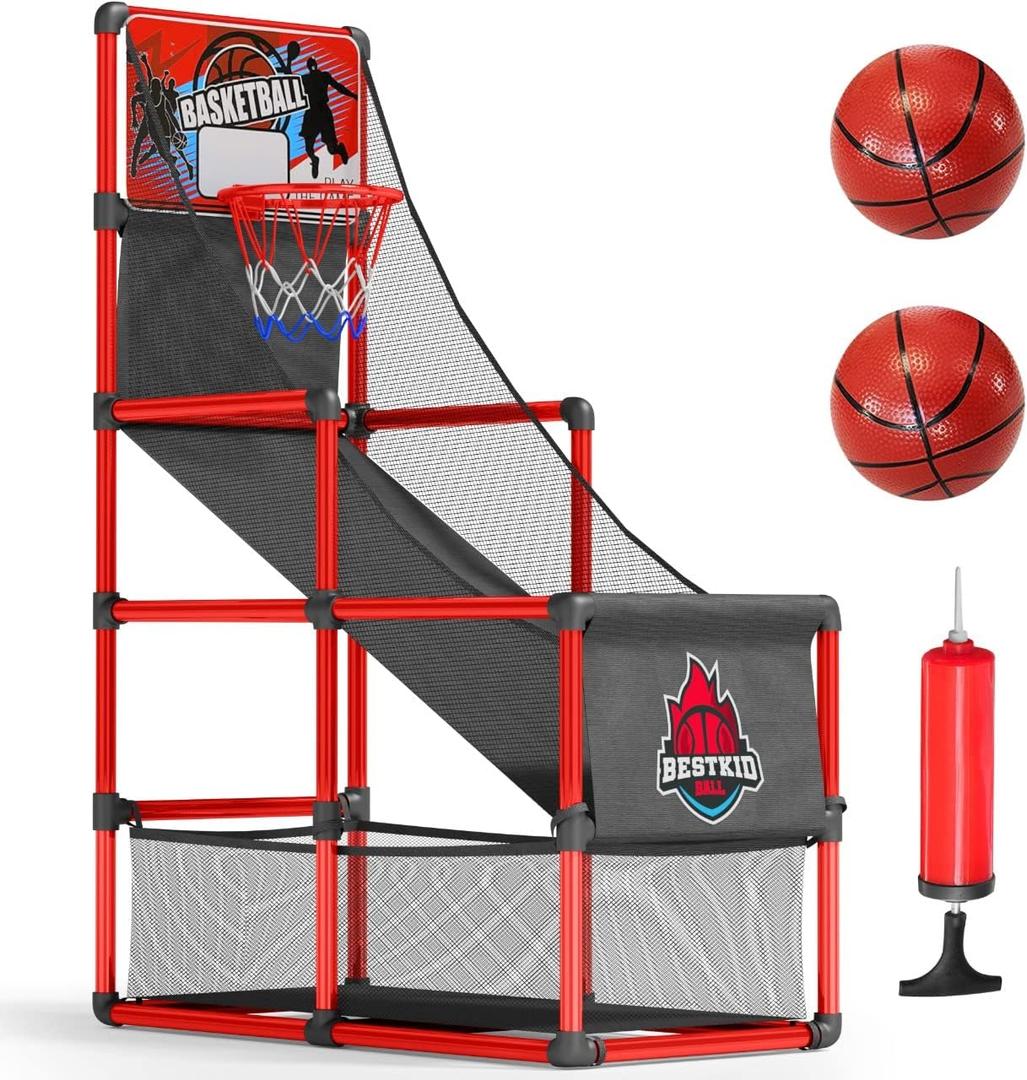 BESTKID BALL Kids Basketball Hoop Single Shot System Arcade Game Set: Indoor & Outdoor Sports Toys for Boys & Girls, Includes Ball, Ideal Party Gifts for Little Athletes Ages 3-9