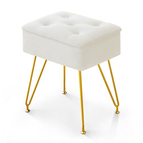 ALeesing Vanity Stool with Storage, Velvet Makeup Stool with Flip Top, Square Ottoman Chair with Metal Legs & Adjustable Feet for Bedroom Living Room, White