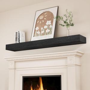 SAUMONIERES Fireplace Mantel Shelves 55 Inch Solid Wood Wall Mounted Long Floating Shelf Hollow, 55" W x 8"D x 3" H, Black