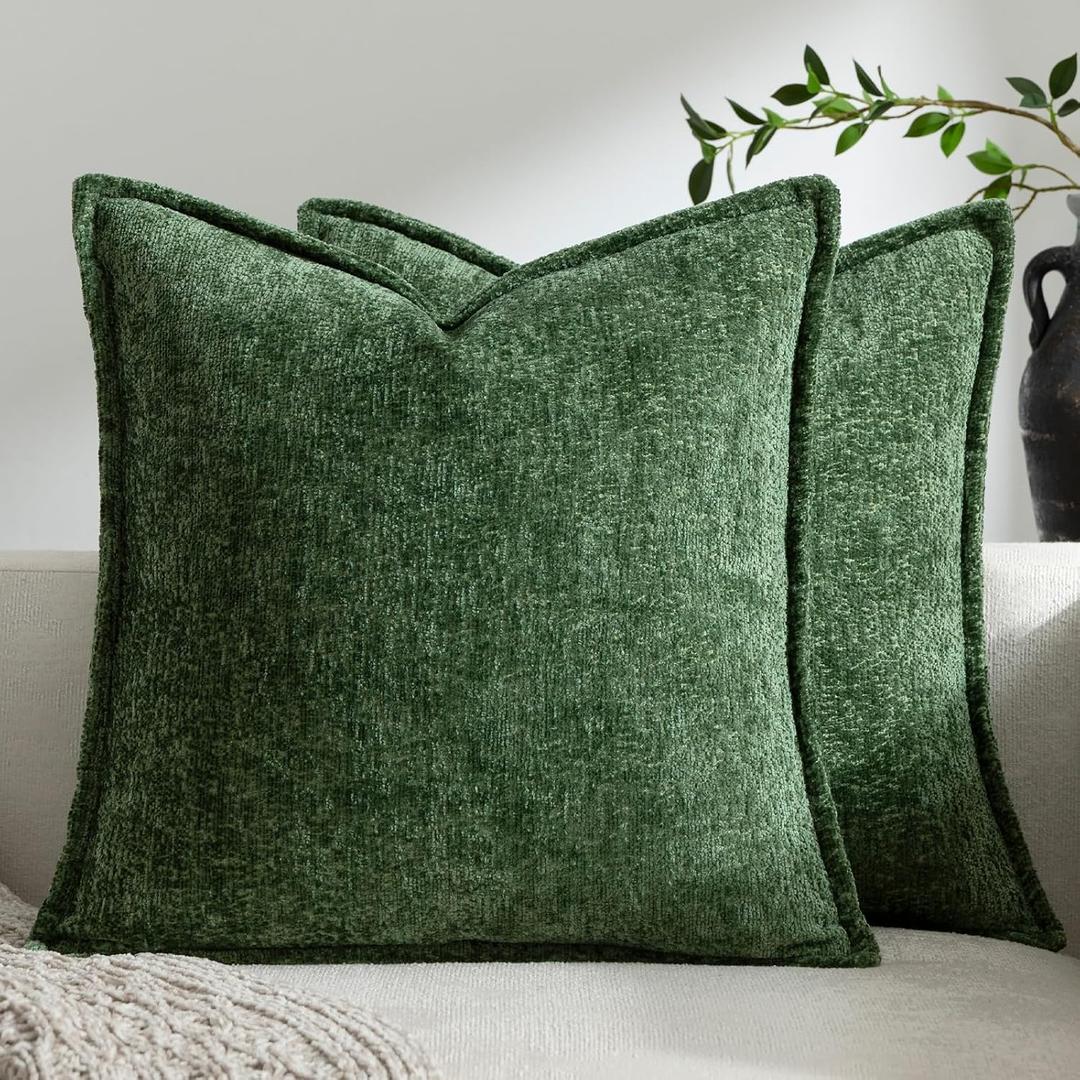 DEZENE Pack of 2 Forest Green Christmas Decorative Throw Pillow Covers 22x22 Cozy Soft Chenille Accent Vintage Square Couch Pillow Covers for Home Decor Bed Sofa Living Room